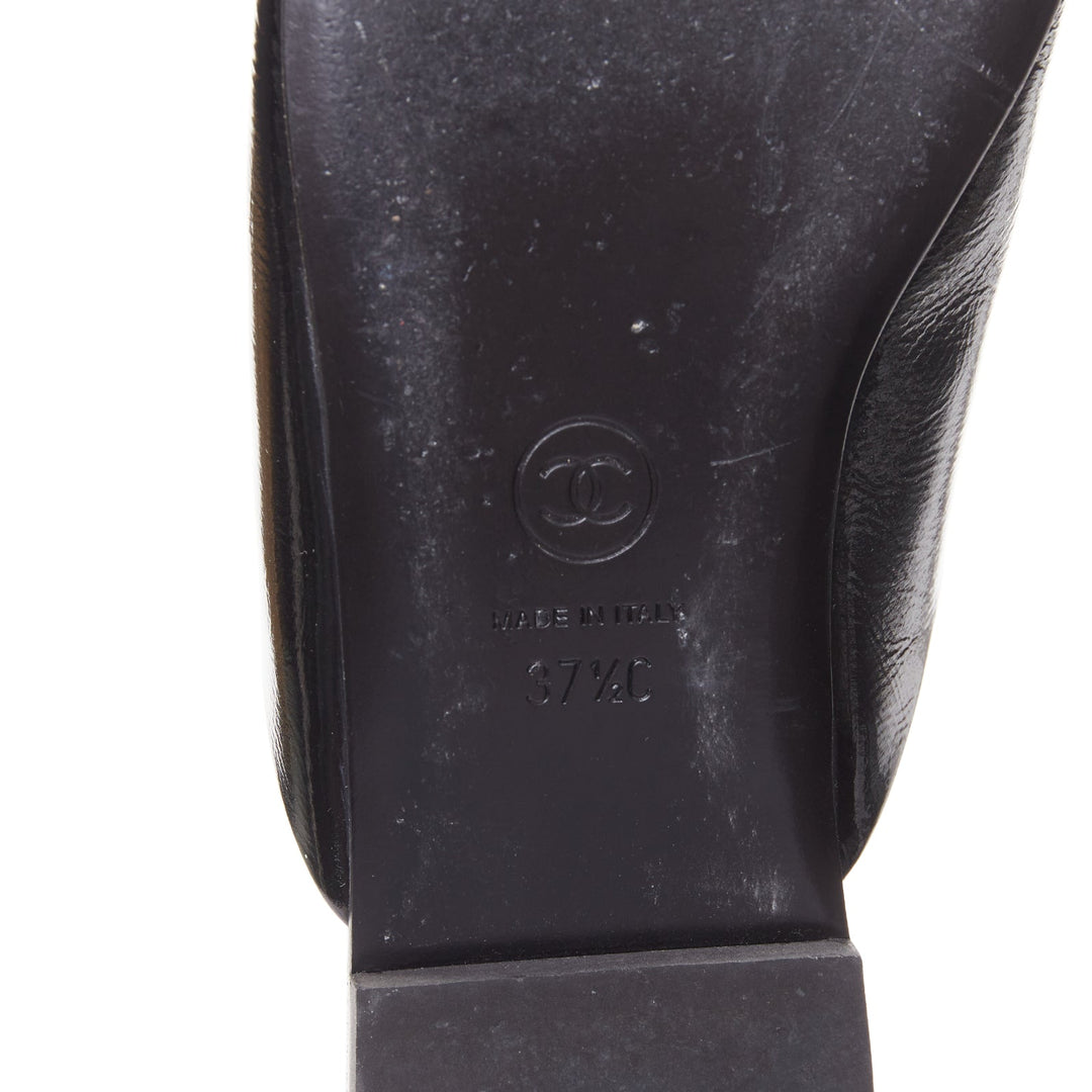 CHANEL 25P black patent leather silver CC logo bow pointy mule slippers EU37.5