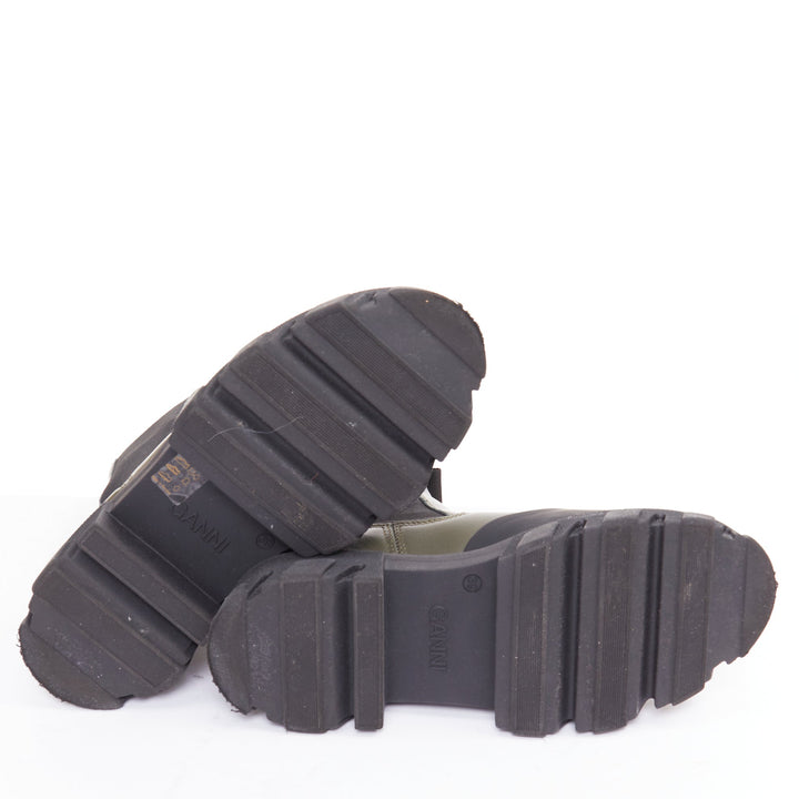 GANNI Kalamata army green leather black rubber elastic gusset chelsea boots EU39