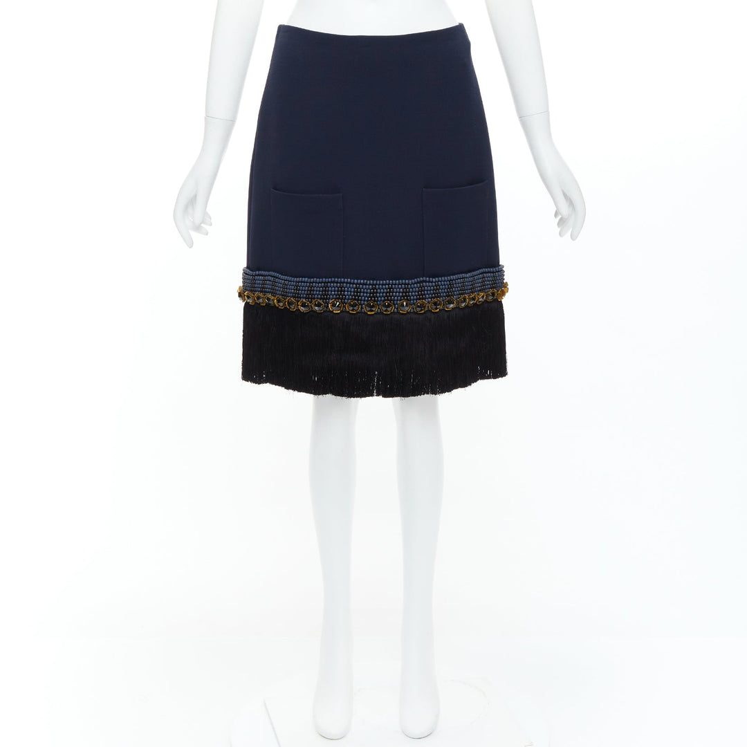 MARNI navy bead black crystal fringe embellished hem knee skirt IT38 XS