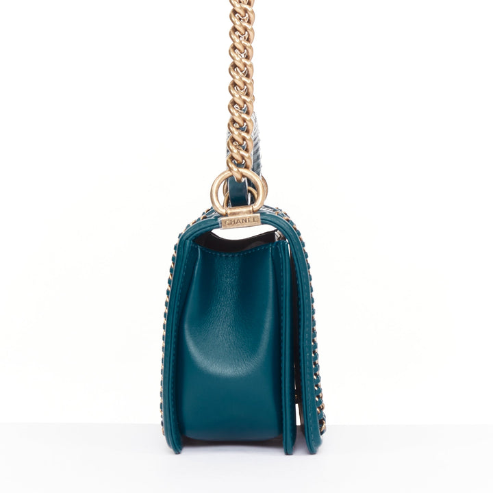 CHANEL Le Boy 25 petrol blue exotic python leather antique gold crossbody bag