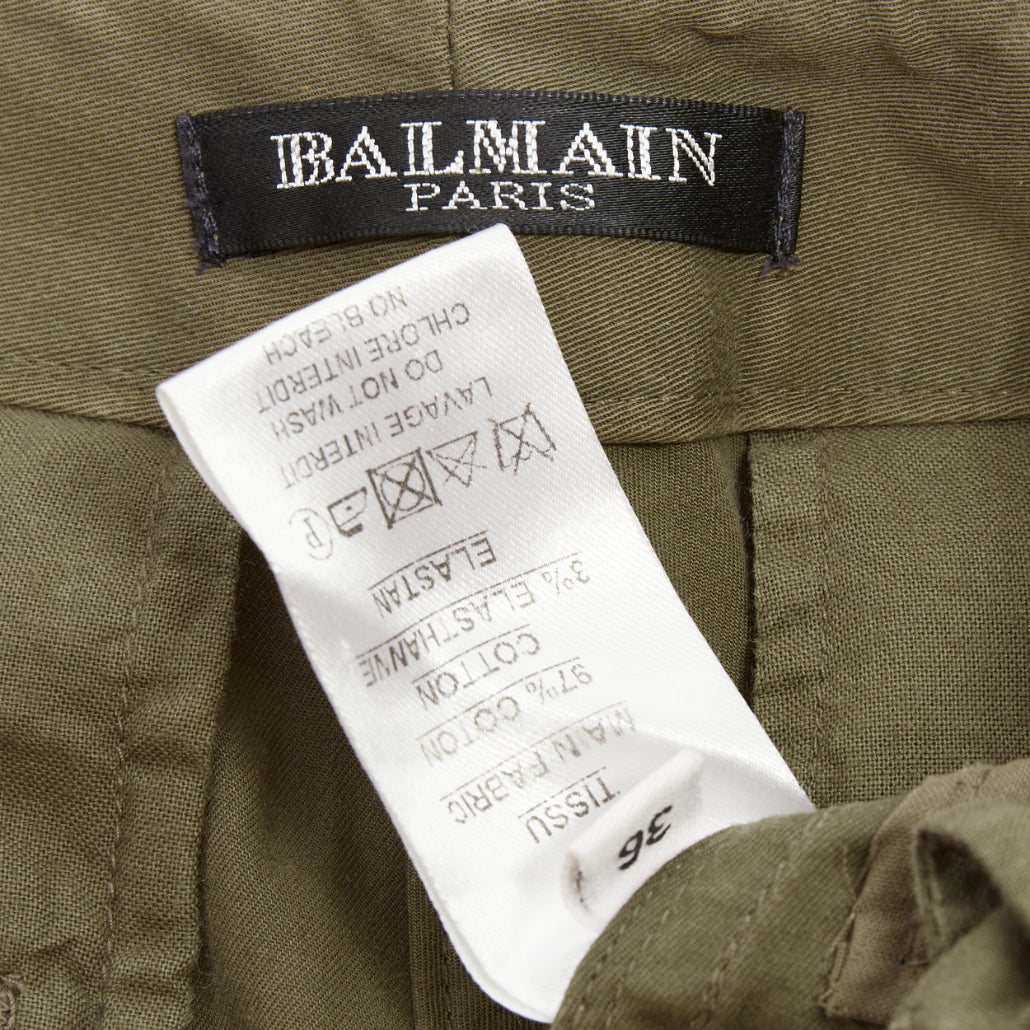 BALMAIN khaki cotton blend ripped chainmail details low waist cargo pants FR36 S