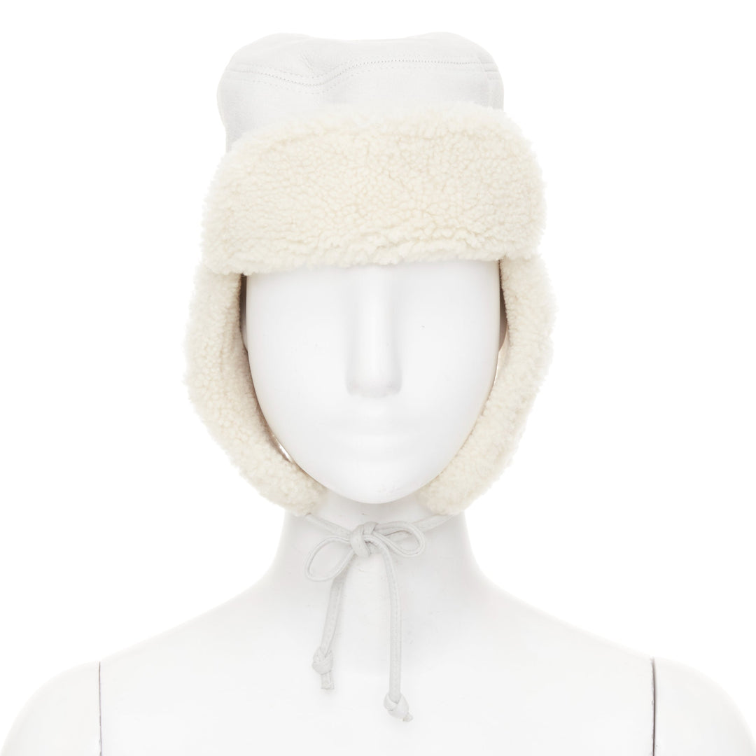HERMES Mouton Moelluex light grey lambskin suede shearling trapper hat 56cm