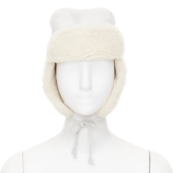 HERMES Mouton Moelluex light grey lambskin suede shearling trapper hat 56cm