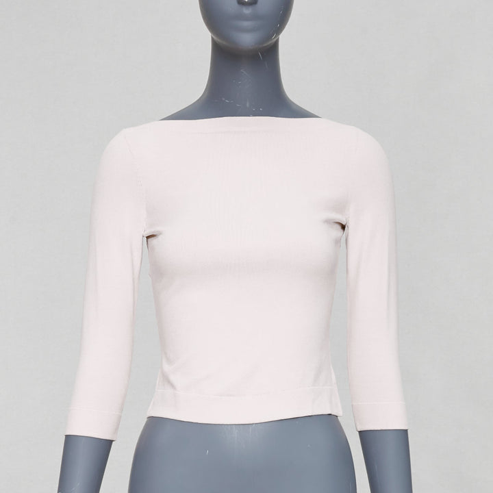 ALAIA white viscose blend cropped sleeved bateau neck sweater FR36 S