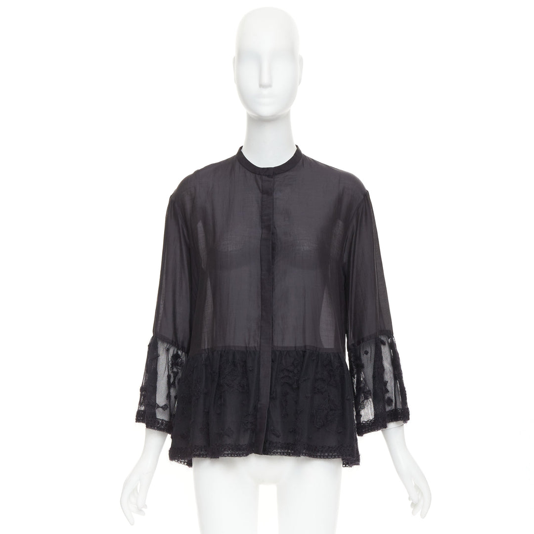 THE ROW black cotton silk fringed embroidered lace peplum sheer shirt US2 S