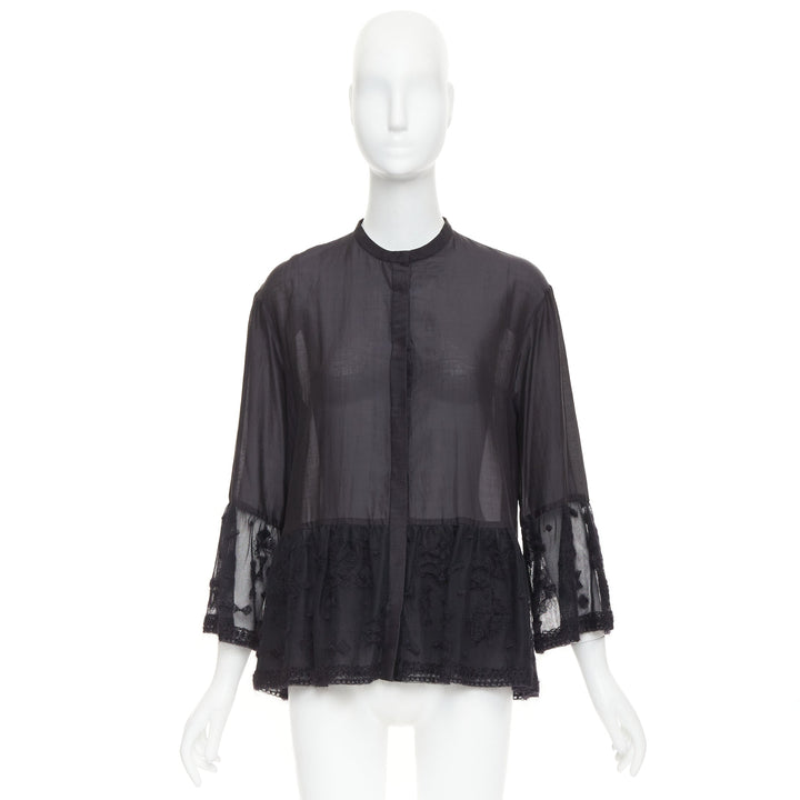 THE ROW black cotton silk fringed embroidered lace peplum sheer shirt US2 S