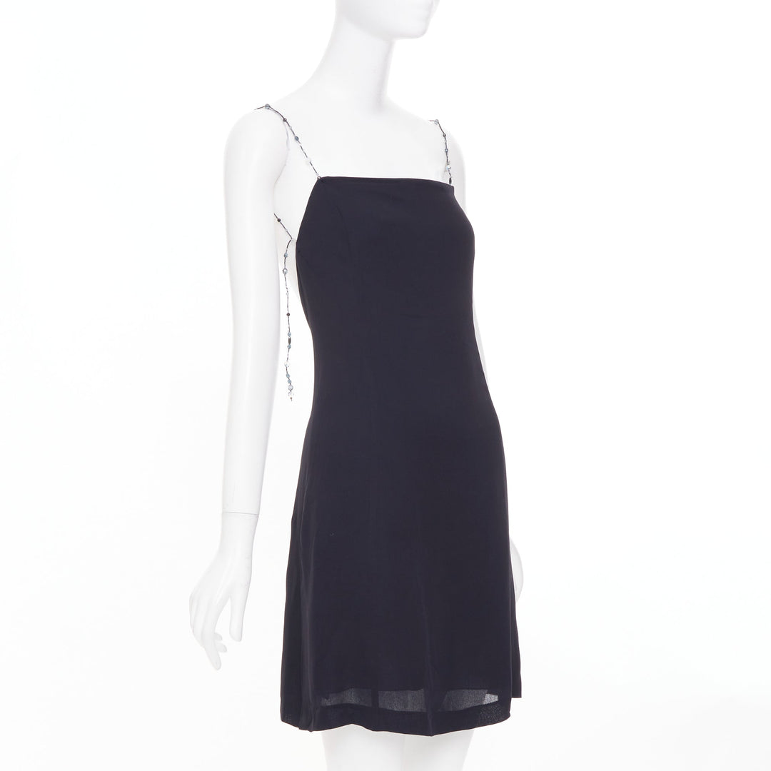 EMPORIO ARMANI Vintage beaded strap black square neck slip mini dress IT38 XS