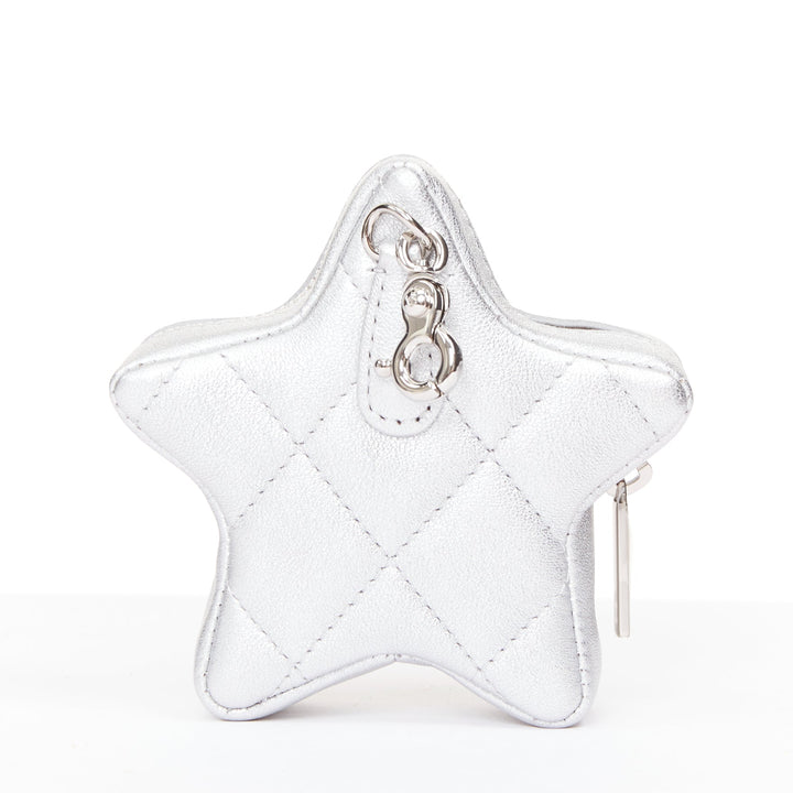 CHANEL 2024 Walk of Fame silver lambskin leather CC logo star small coin purse