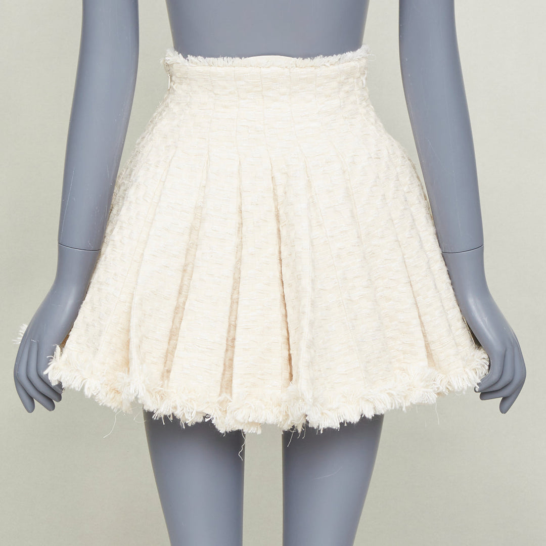 BALMAIN cream frayed pleated cotton tweed curved waist skater skirt FR34 XXS