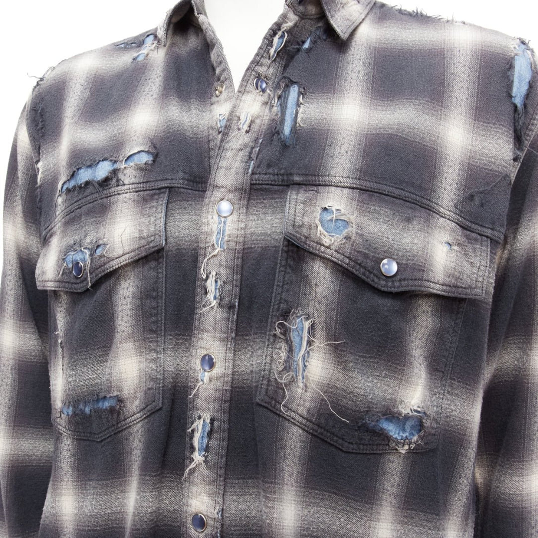 MIHARA YASUHIRO distressed grey plaid overlay blue casual shirt FR50 L