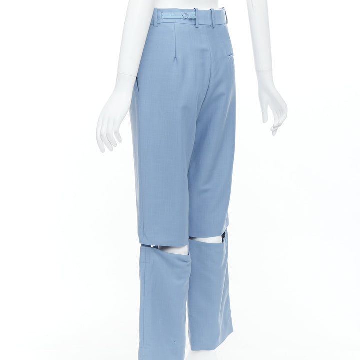 CELINE Phoebe Philo blue mohair wool knee cut out wide trousers FR36 S