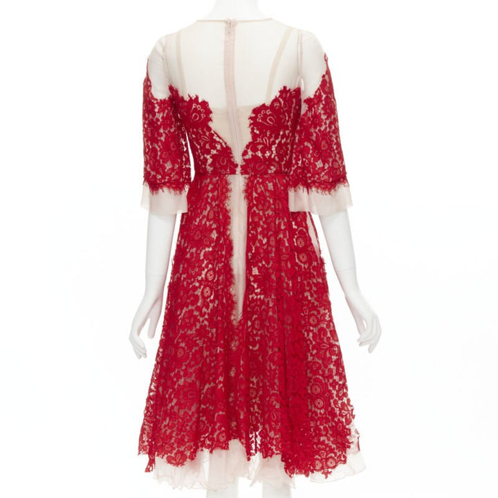 DOLCE GABBANA red lace panel pink sheer silk fit flared cocktail dress IT36 XS