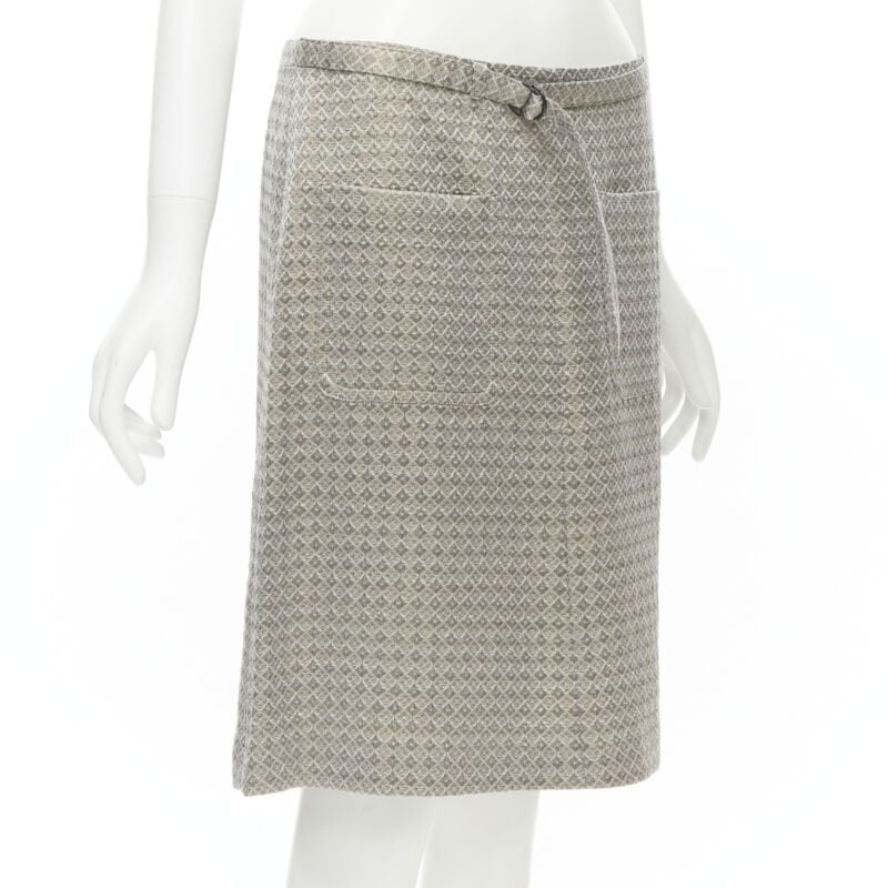 DRIES VAN NOTEN gold coated jacquard cotton belted knee lnegth skirt FR36 S