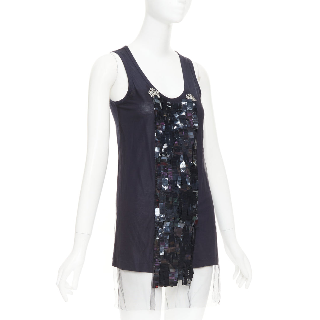 VERA WANG navy cotton silk sheer overlay paillette beaded scoop tank top S
