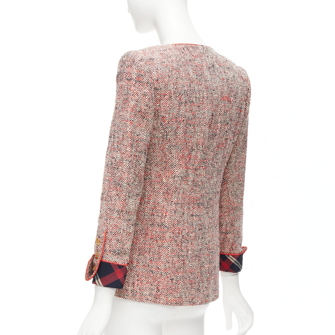 CHANEL Vintage red boucle tweed gold button double breast blazer jacket FR34 XS
