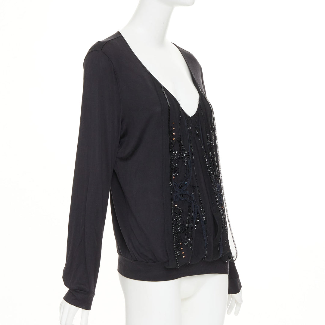 CHRISTIAN LACROIX Vintage 2004 sheer beaded butterfly v neck long sleeve top XL
