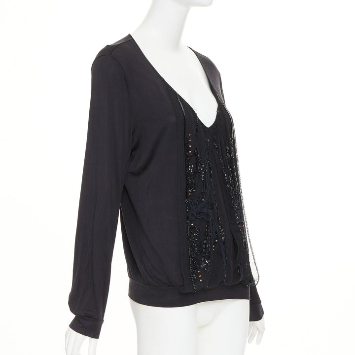 CHRISTIAN LACROIX Vintage 2004 sheer beaded butterfly v neck long sleeve top XL