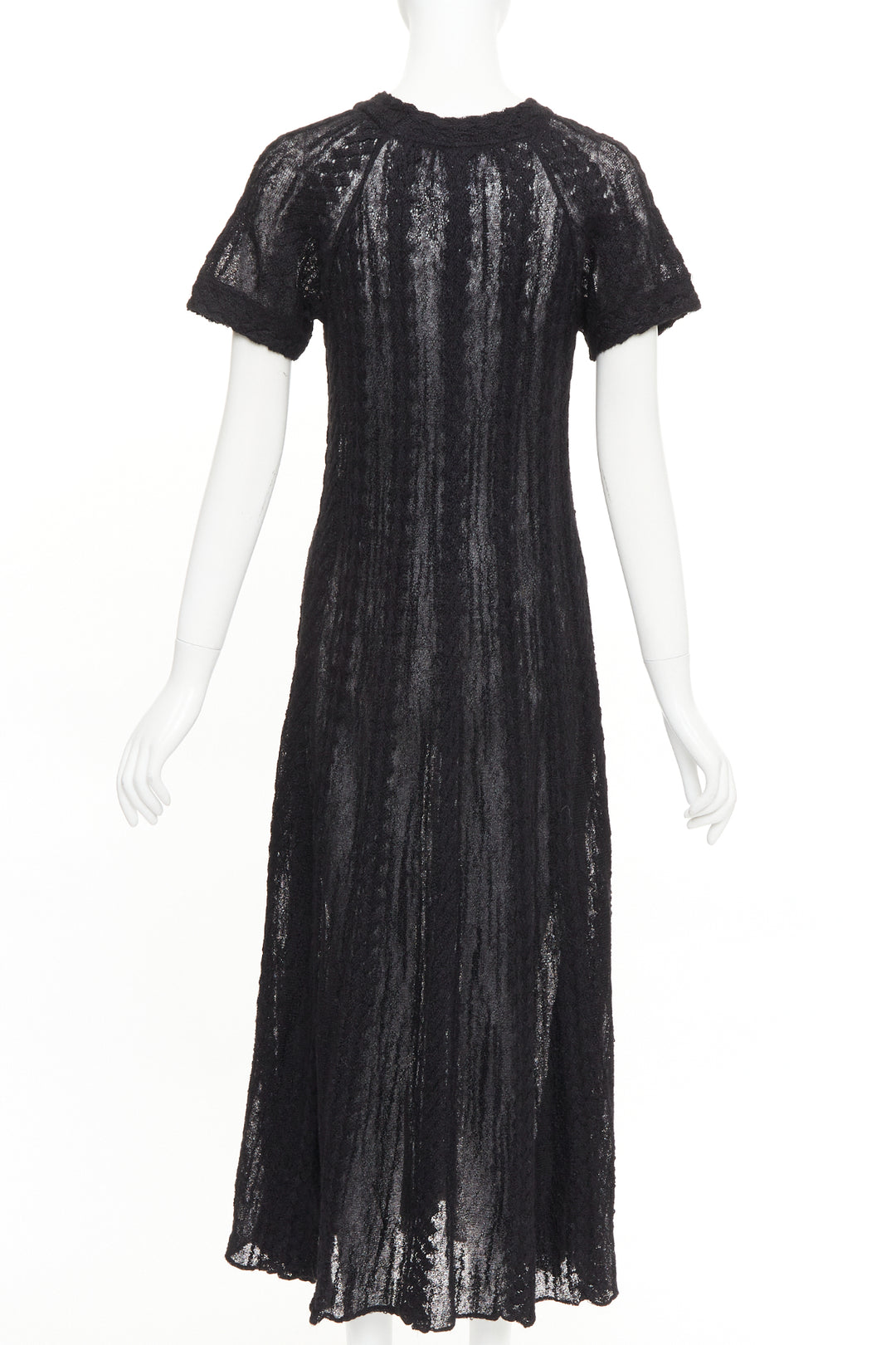 CHANEL black alpaca blend open knit crochet pointelle sleeve midi dress FR40 L