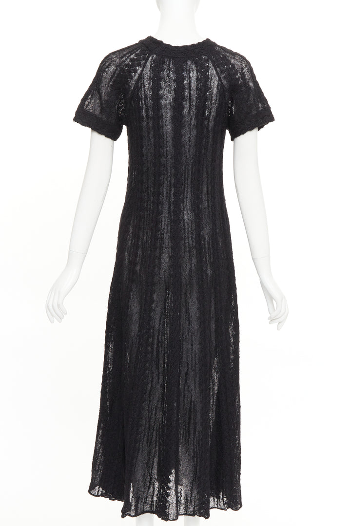 CHANEL black alpaca blend open knit crochet pointelle sleeve midi dress FR40 L