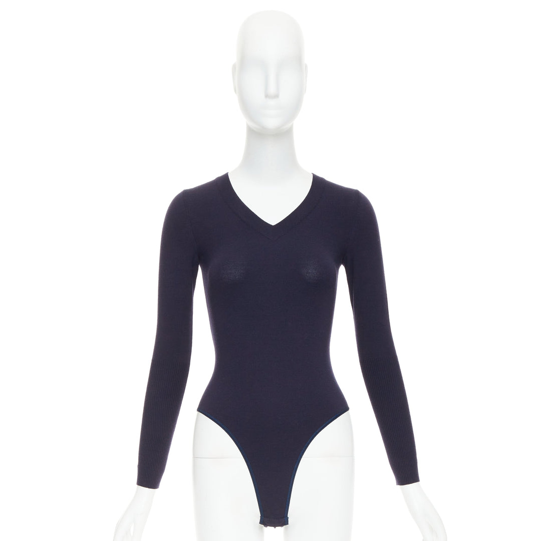 ALAIA navy virgin wool blend v-neck bodysuit sweater leotard top FR36 S