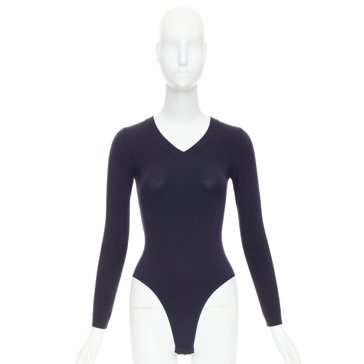 ALAIA navy virgin wool blend v-neck bodysuit sweater leotard top FR36 S