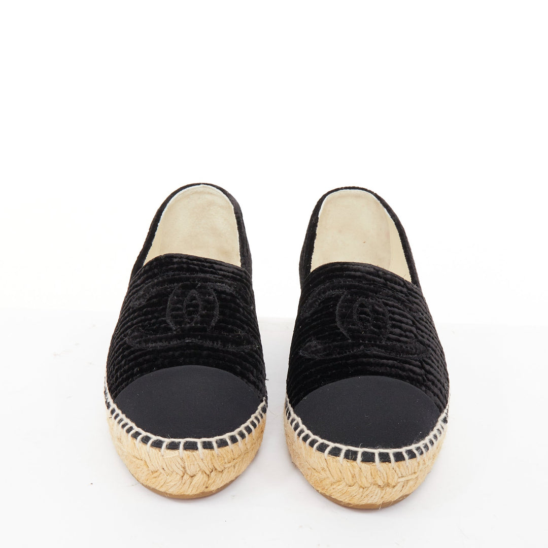 CHANEL black velvet grosgrain CC logo cap toe slip on flat espadrilles EU39