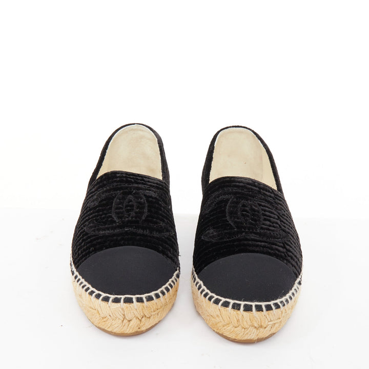 CHANEL black velvet grosgrain CC logo cap toe slip on flat espadrilles EU39