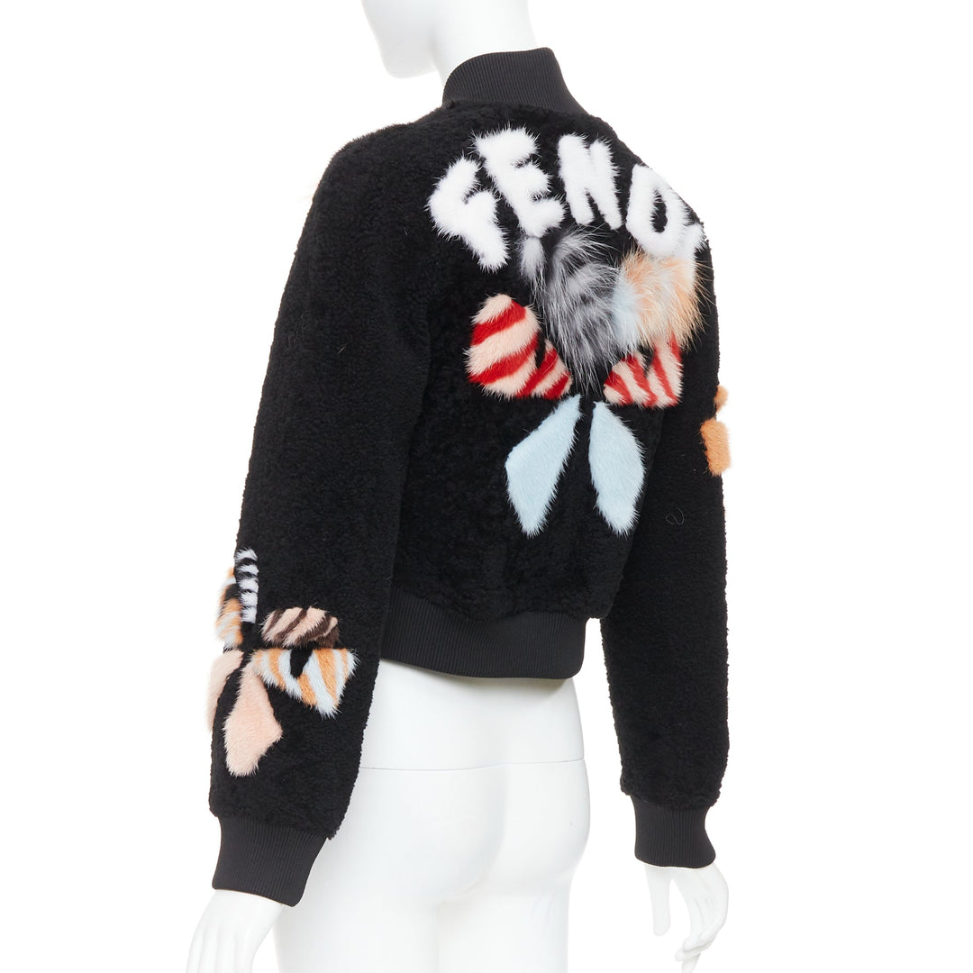 FENDI black floral fur leather lined cropped bomber jacket IT40 S