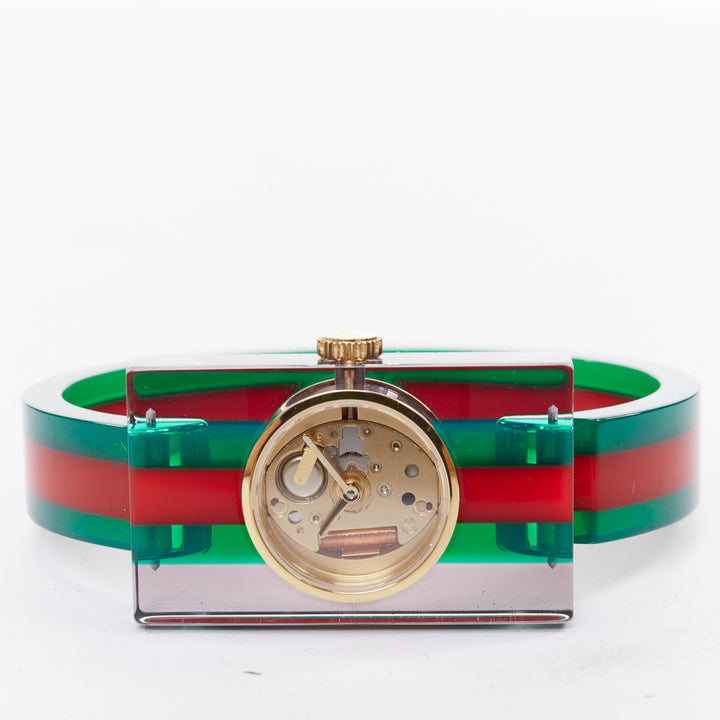 GUCCI 2018 Plexi Web green red  143.5 skeleton dial rectangular frame watch
