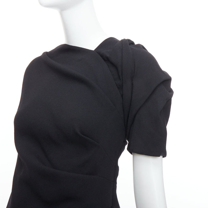 DRIES VAN NOTEN black wool blend asymmetric sleeve drape dress FR36 S