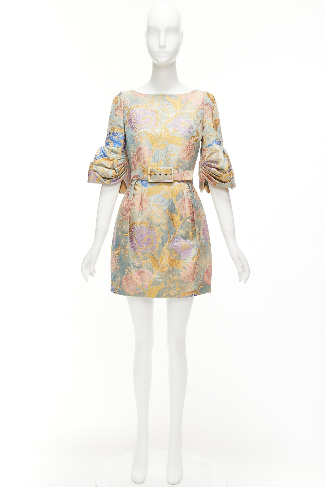 ANDREW GN pastels floral lurex jacquard ruched sleeve belted dress FR38 M