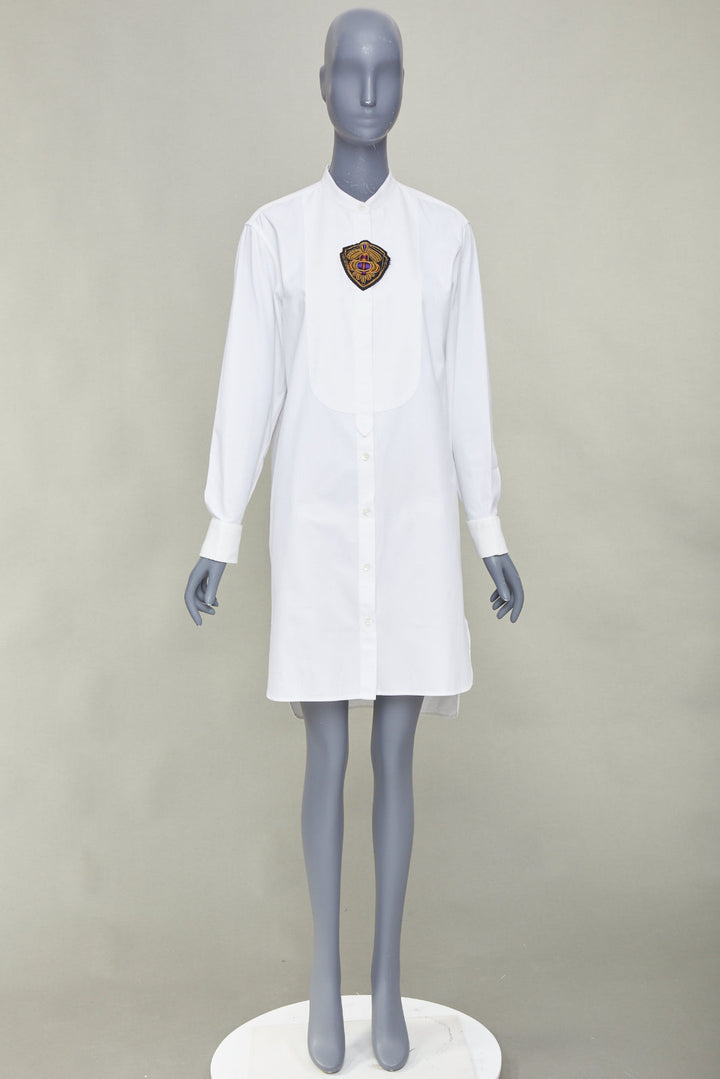 DRIES VAN NOTEN 2016 Runway military badge bib panel cotton shirt dress FR36 S