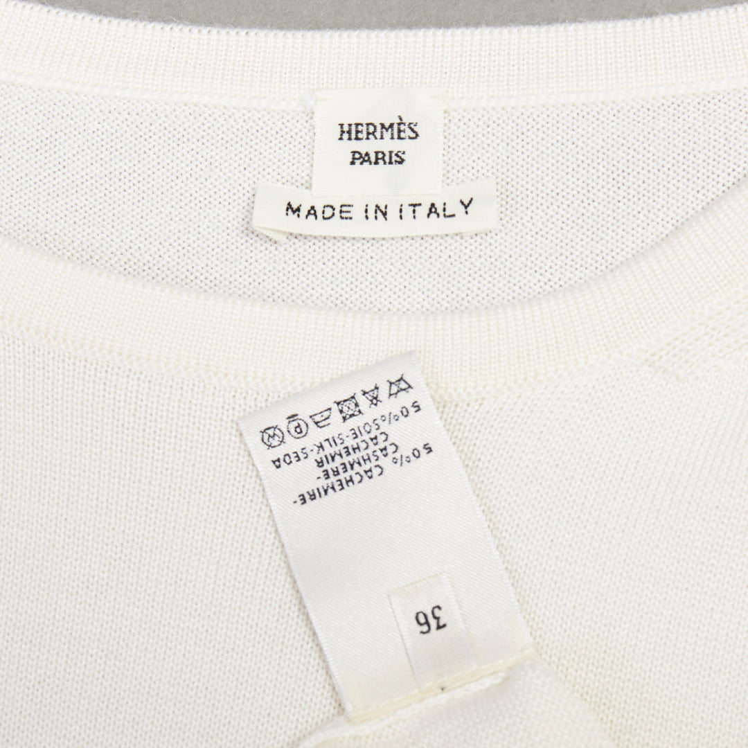 HERMES beige cashmere silk silver H charm short sleeve pullover sweater FR36 S