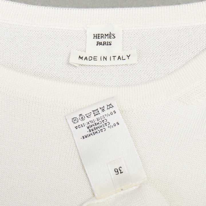 HERMES beige cashmere silk silver H charm short sleeve pullover sweater FR36 S