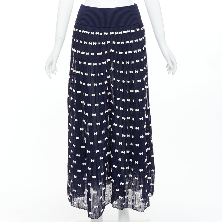 CHANEL 14P Runway navy cream bow applique ribbed waist tulle lined skirt FR36 S