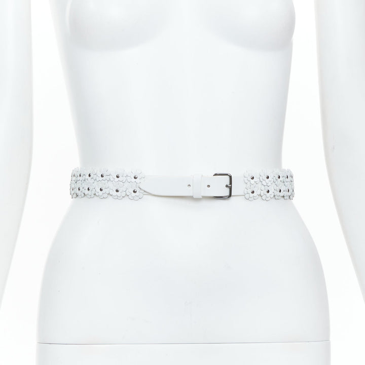 ALAIA 2022 white leather 3D floral petal laser cut studded slim waist belt 65cm