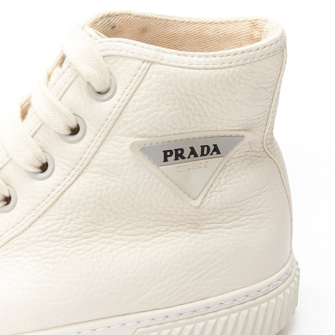 PRADA white textured leather black triangle logo high top sneakers UK7 EU40