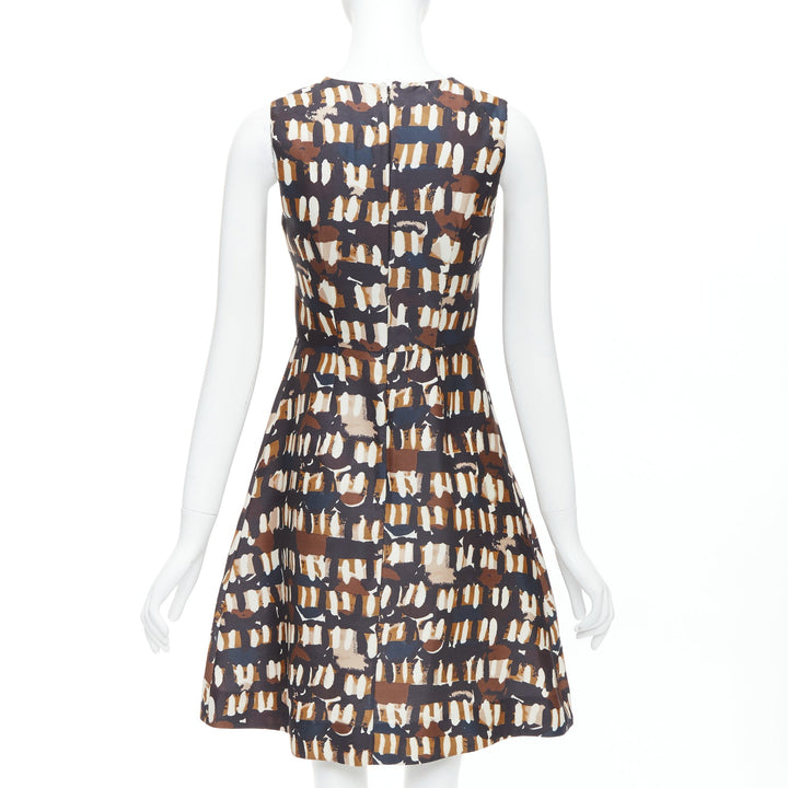 MARNI brown black wool silk abstract print fit flare dress IT38 XS