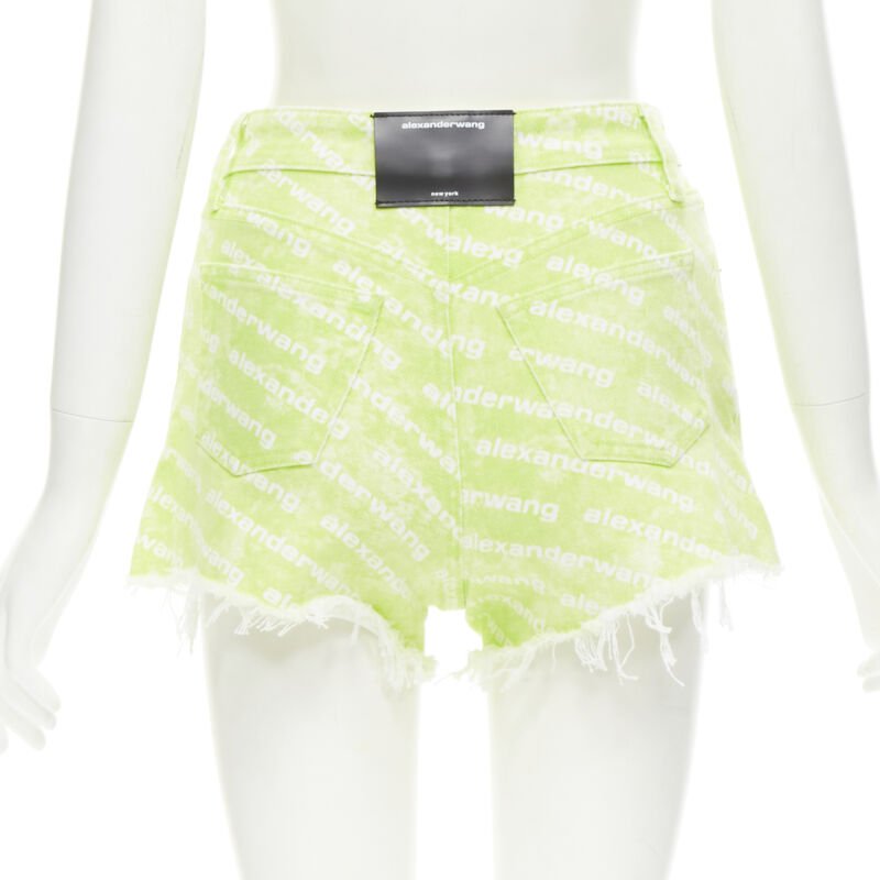 ALEXANDER WANG Bite High Rise green logo print cut off denim shorts 24"