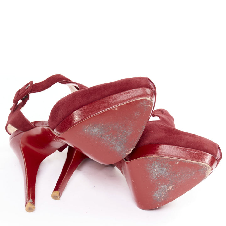 CHRISTIAN LOUBOUTIN Orlan 140 Suede dark red Tstrap platform buckle sandals EU38