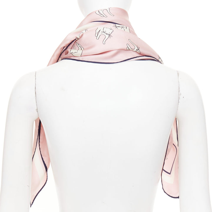 MIU MIU 2020 Whimsical Animal Cat Print silk twill light pink black  large scarf