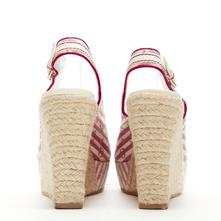 LOUIS VUITTON pink beige striped monogram jute espadrille wedge platform EU36.5