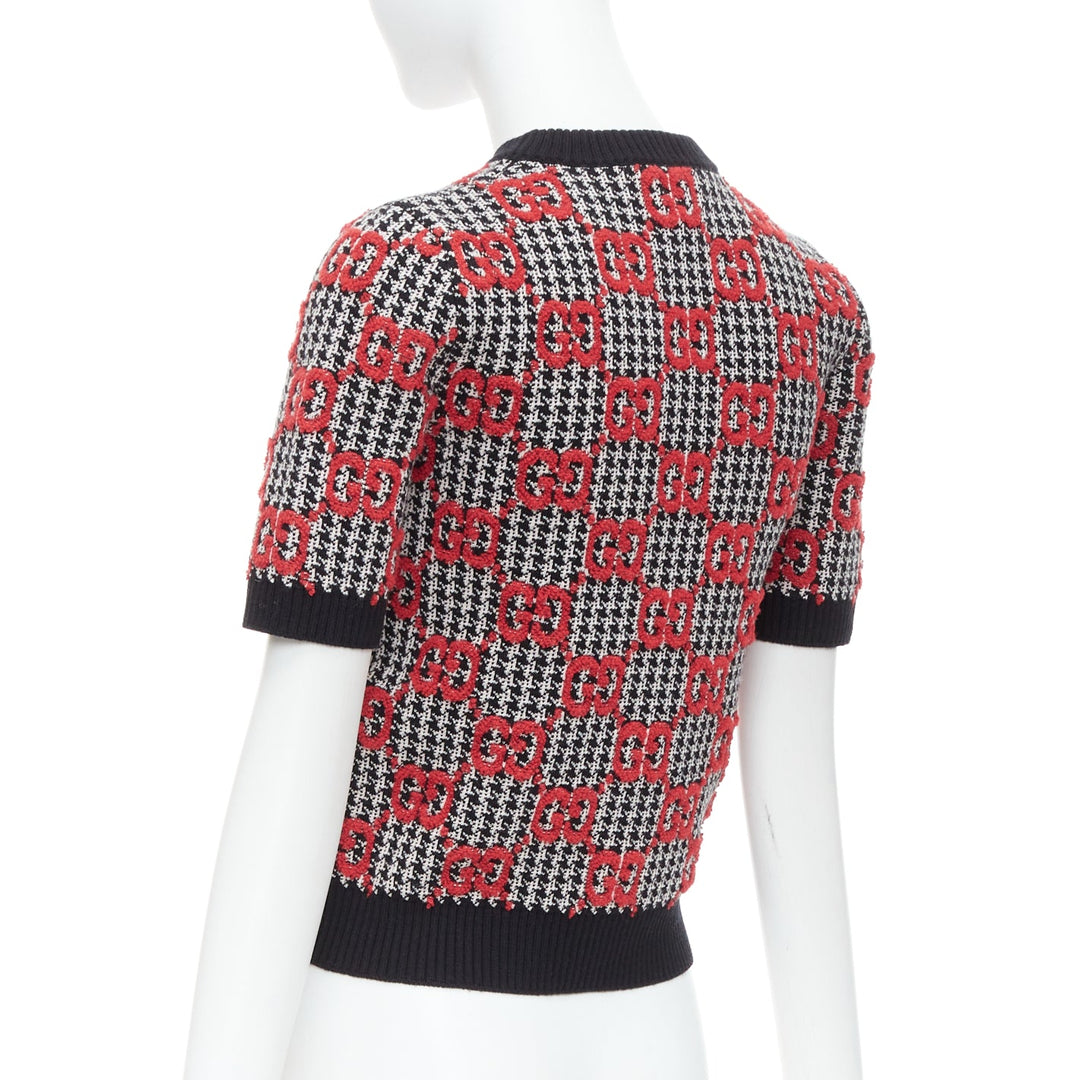 GUCCI 2023 red black Giant Monogram houndstooth intarsia crop sweater XS