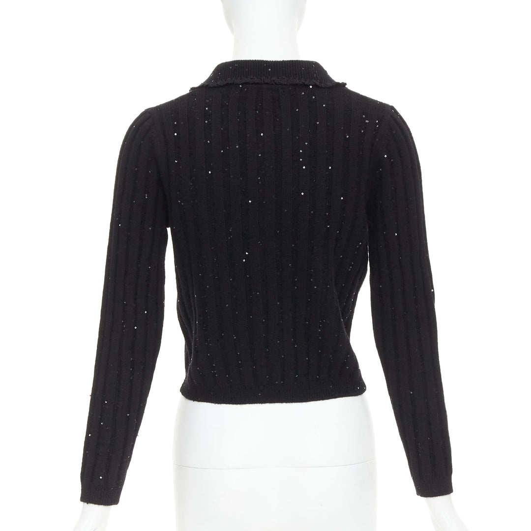 SHUSHU TONG black sequins wool cotton blend logo crop cardigan UK6 XS