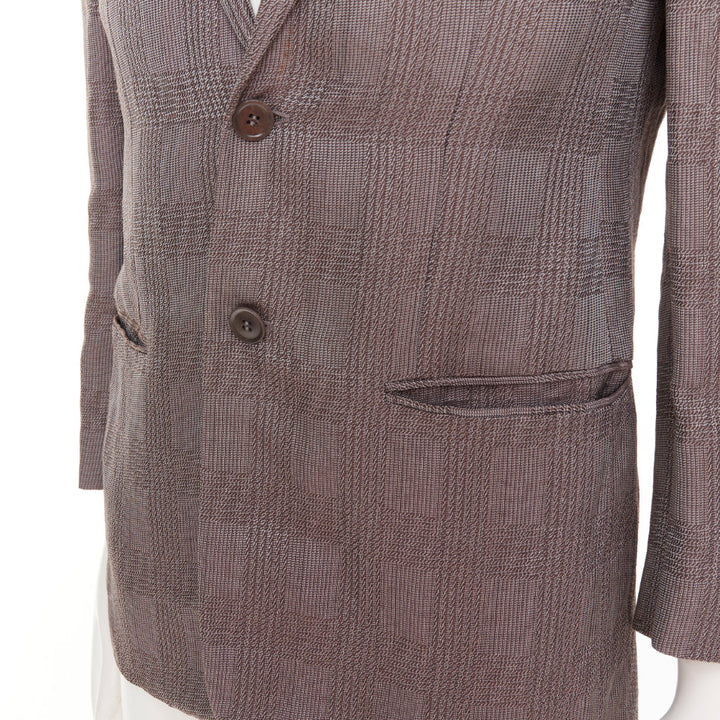 GIORGIO ARMANI taupe grey houndstooth plaid notched lapel blazer IT46 S
