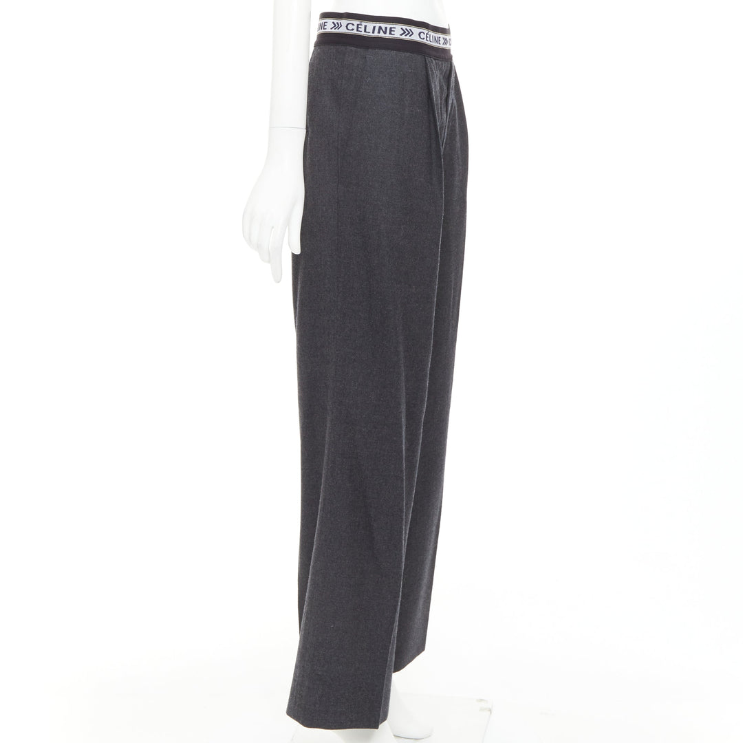 CELINE Phoebe Philo grey wool logo waistband wide leg trousers FR34 XS
