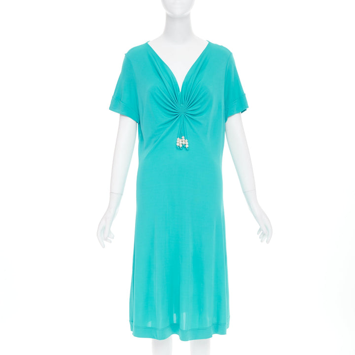 ESCADA Vintage ruched bust turquoise short sleeve beaded jersey dress FR44 XL