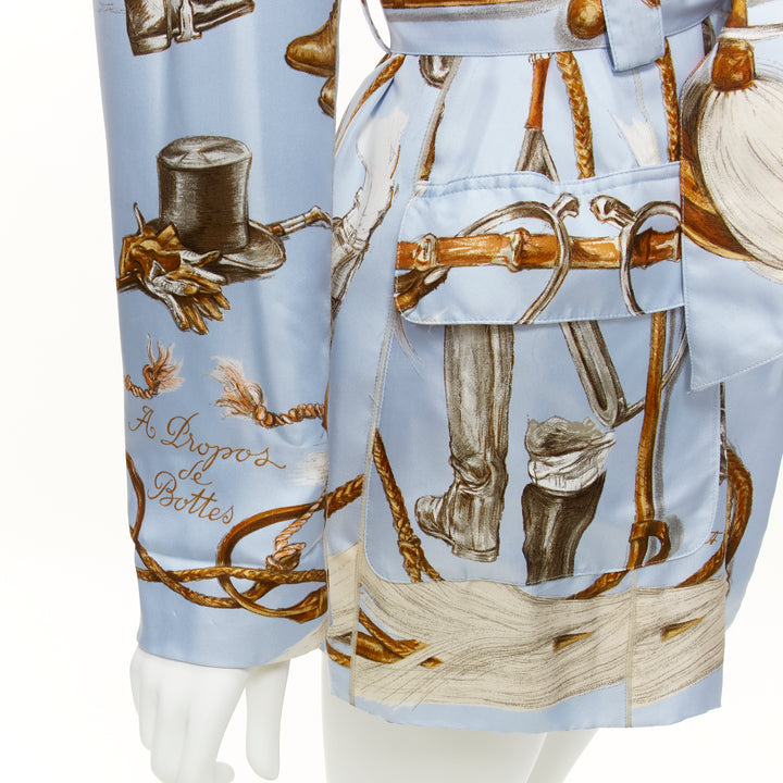 HERMES 100% silk light blue Equestrian boot hat print belted robe jacket FR40 L