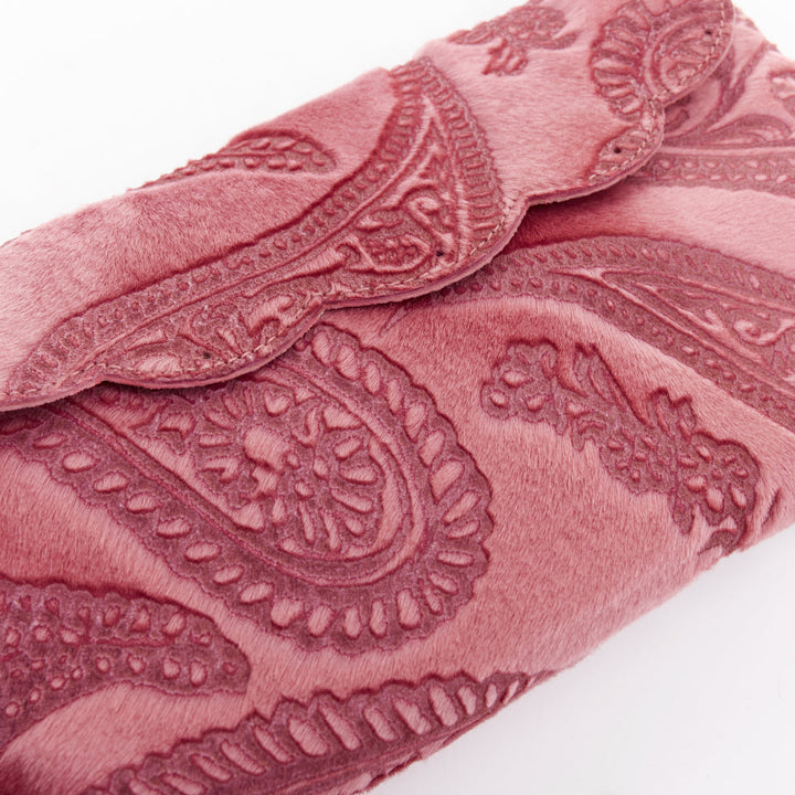 MATTHEW WILLIAMSON pink laser cut calf hair crystal silk wristlet clutch bag