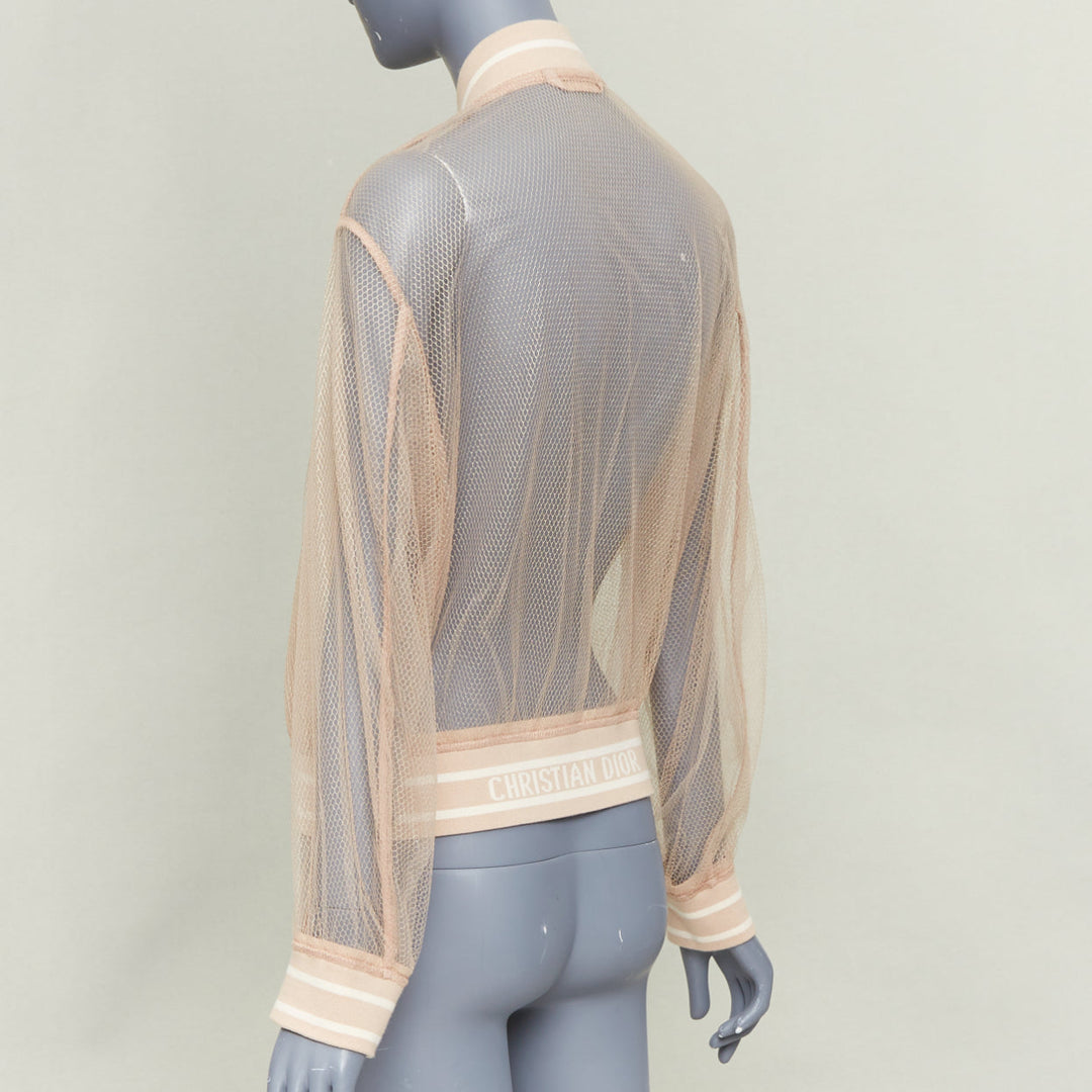 DIOR 2020 beige metallic mesh overlay sheer striped ribbed CD bomber jacket